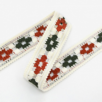 FLOWER CROCHET LACE 2,4cm CHAMPAGNE/COGNAC/GREEN 30m