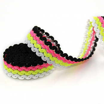 ZIG ZAG STRIPED RIGID RIBBON 1,3cm BLACK/NEON PINK/NEON YELLOW/RAW/SILVER 50m